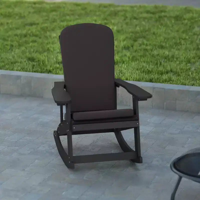 Emma and Oliver Set of 2 All-Weather Poly Resin Adirondack Rocking Chairs with Cushions