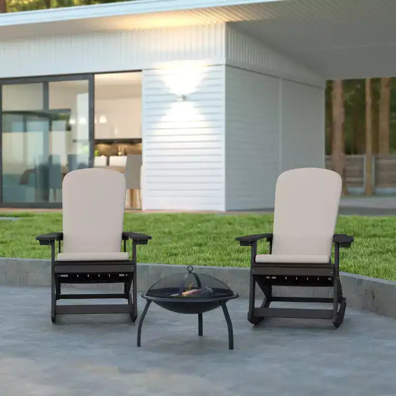 Emma and Oliver Set of 2 All-Weather Poly Resin Adirondack Rocking Chairs with Cushions