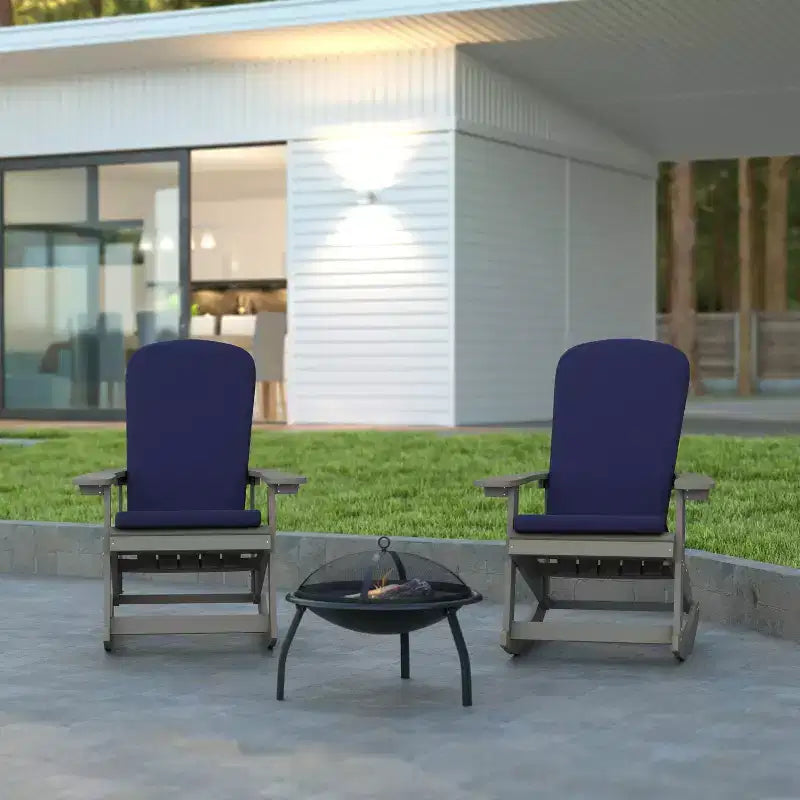 Emma and Oliver Set of 2 All-Weather Poly Resin Adirondack Rocking Chairs with Cushions