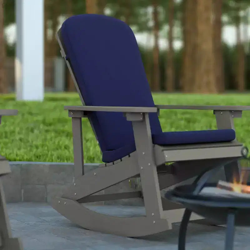 Emma and Oliver Set of 2 All-Weather Poly Resin Adirondack Rocking Chairs with Cushions