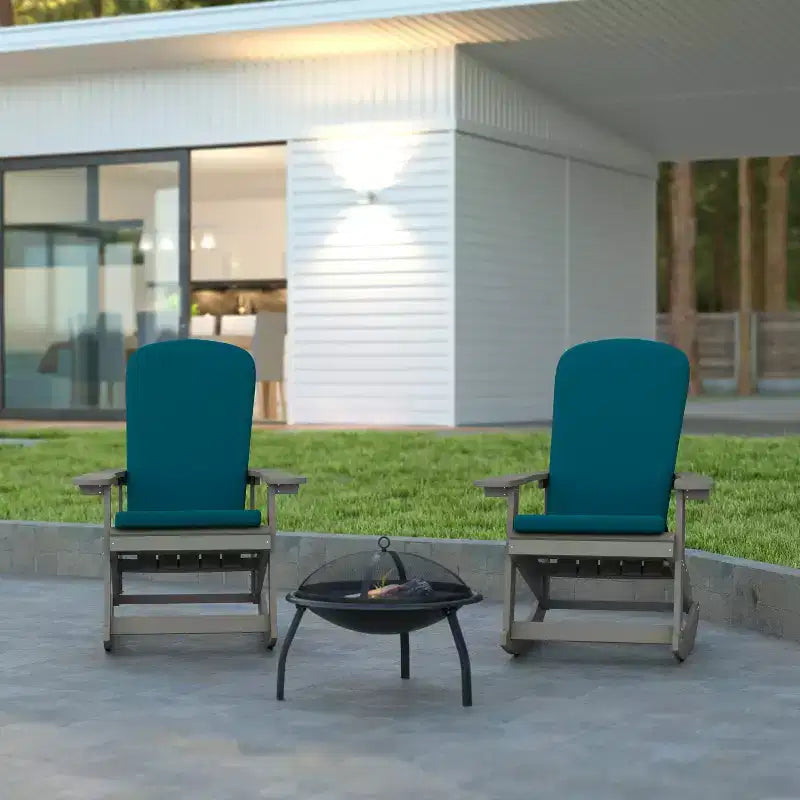 Emma and Oliver Set of 2 All-Weather Poly Resin Adirondack Rocking Chairs with Cushions