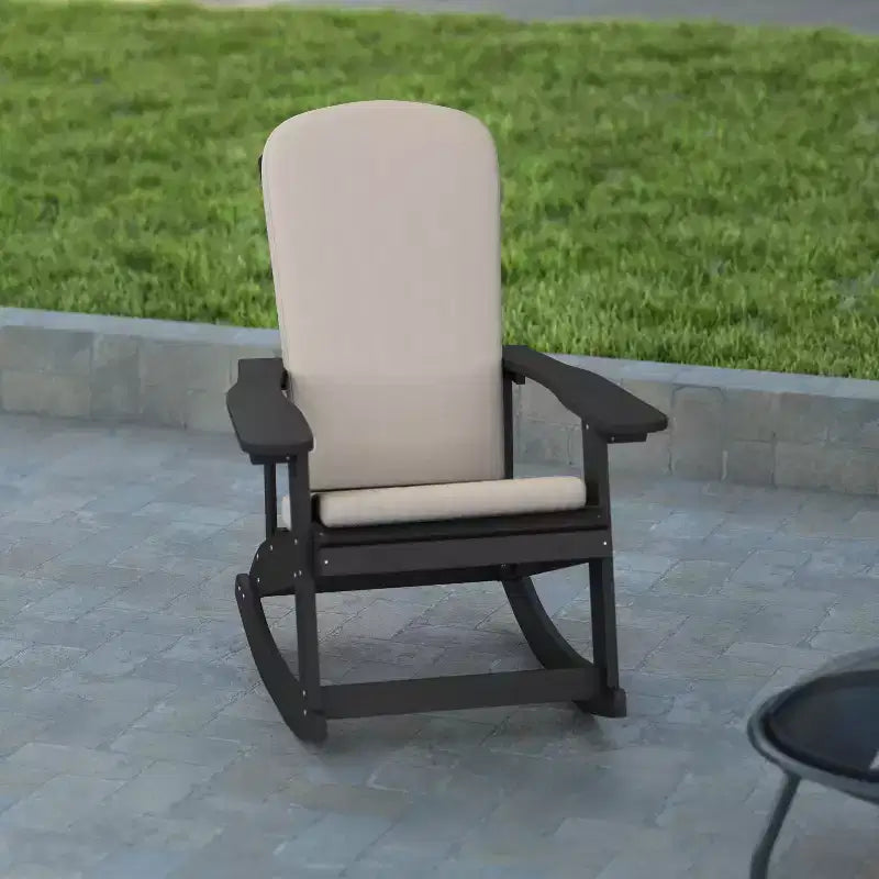 Emma and Oliver Set of 2 All-Weather Poly Resin Adirondack Rocking Chairs with Cushions
