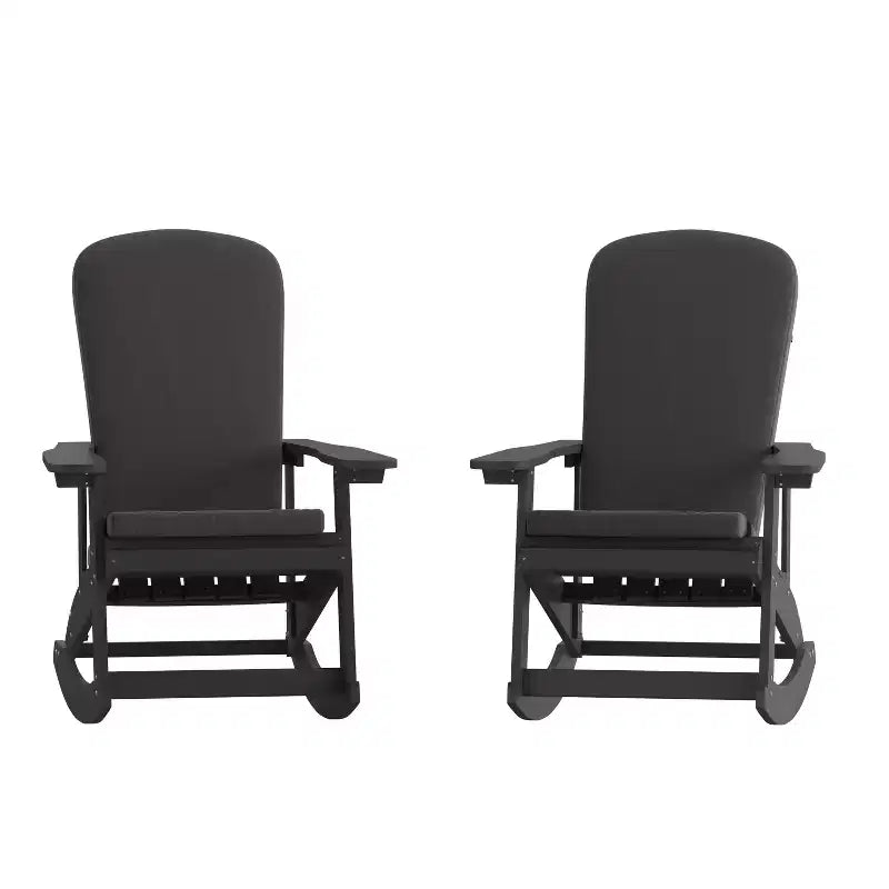 Emma and Oliver Set of 2 All-Weather Poly Resin Adirondack Rocking Chairs with Cushions
