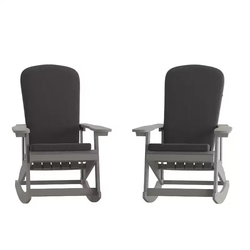 Emma and Oliver Set of 2 All-Weather Poly Resin Adirondack Rocking Chairs with Cushions