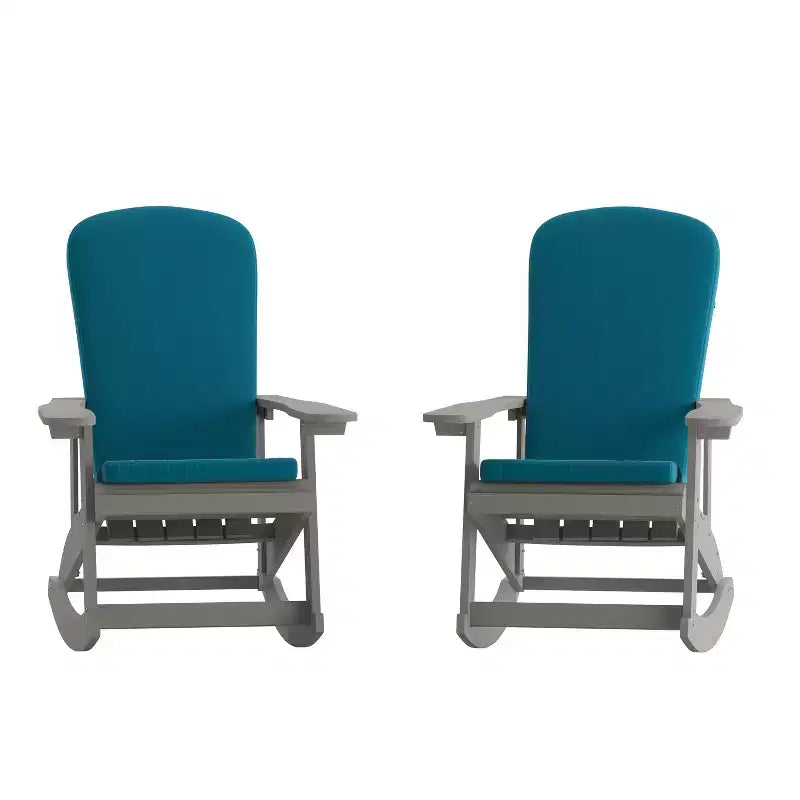 Emma and Oliver Set of 2 All-Weather Poly Resin Adirondack Rocking Chairs with Cushions