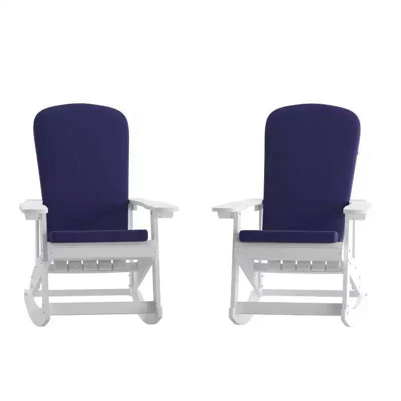 Emma and Oliver Set of 2 All-Weather Poly Resin Adirondack Rocking Chairs with Cushions