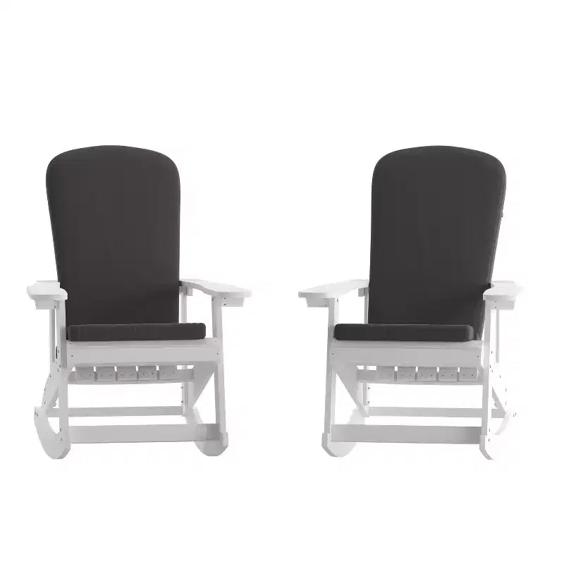 Emma and Oliver Set of 2 All-Weather Poly Resin Adirondack Rocking Chairs with Cushions
