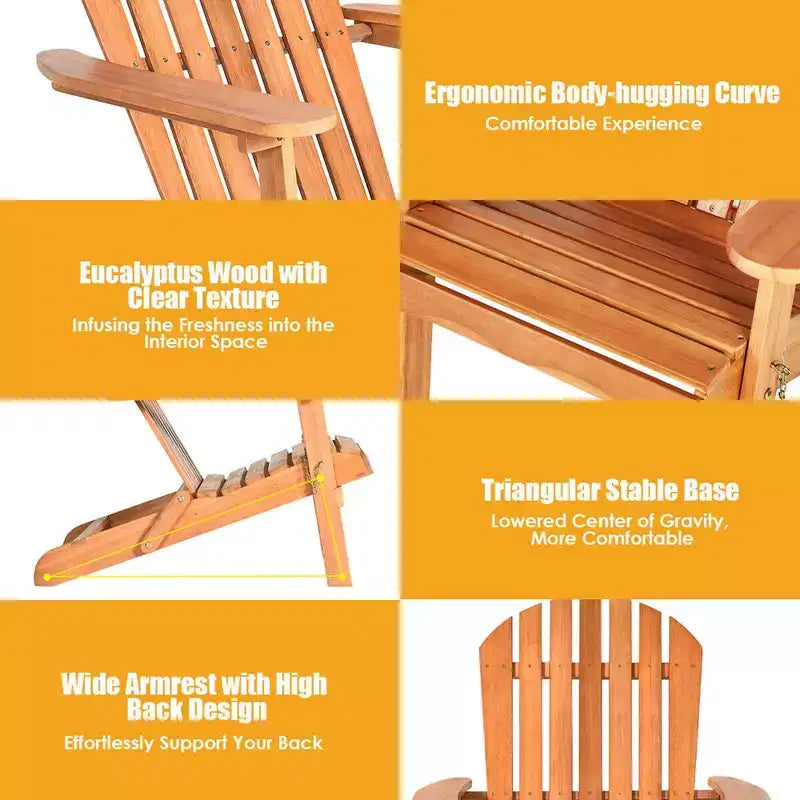 Costway 4 PCS Eucalyptus Adirondack Chair Foldable Outdoor Wood Lounger Chair Natural