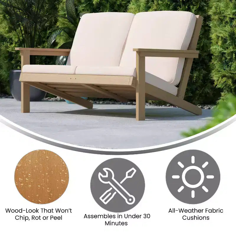 Merrick Lane All-Weather Poly Resin Wood Adirondack Style Deep Seat Patio Loveseat with Cushions