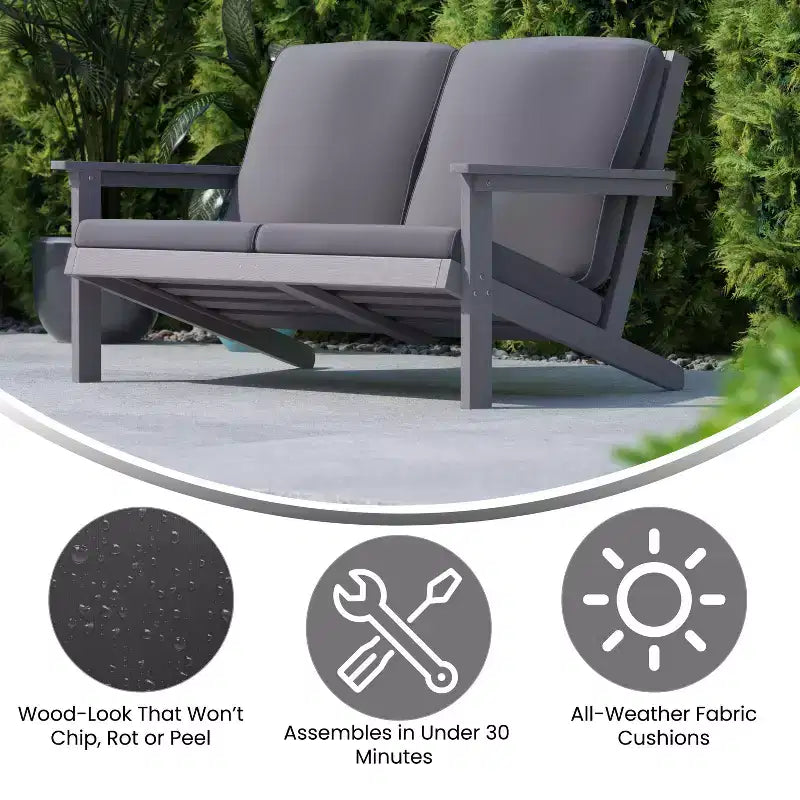 Emma and Oliver All-Weather Polyresin Adirondack Loveseat with Deep Seat and Comfortable Back & Seat Cushions