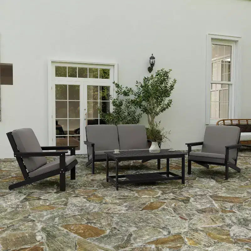 Merrick Lane All-Weather Poly Resin Wood Two Tiered Adirondack Slatted Coffee Conversation Table