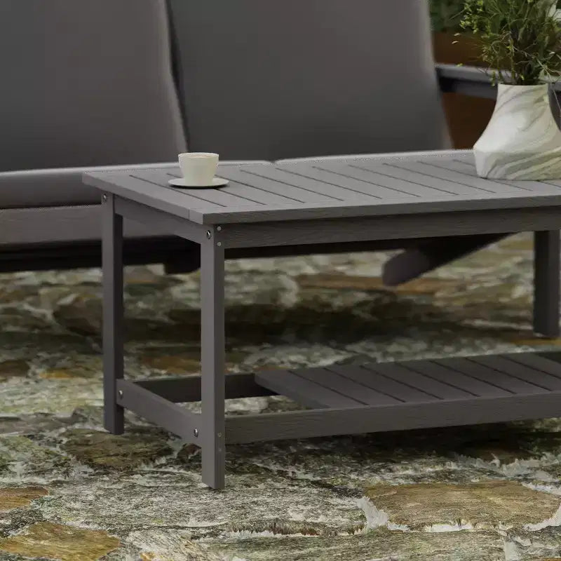 Merrick Lane All-Weather Poly Resin Wood Two Tiered Adirondack Slatted Coffee Conversation Table