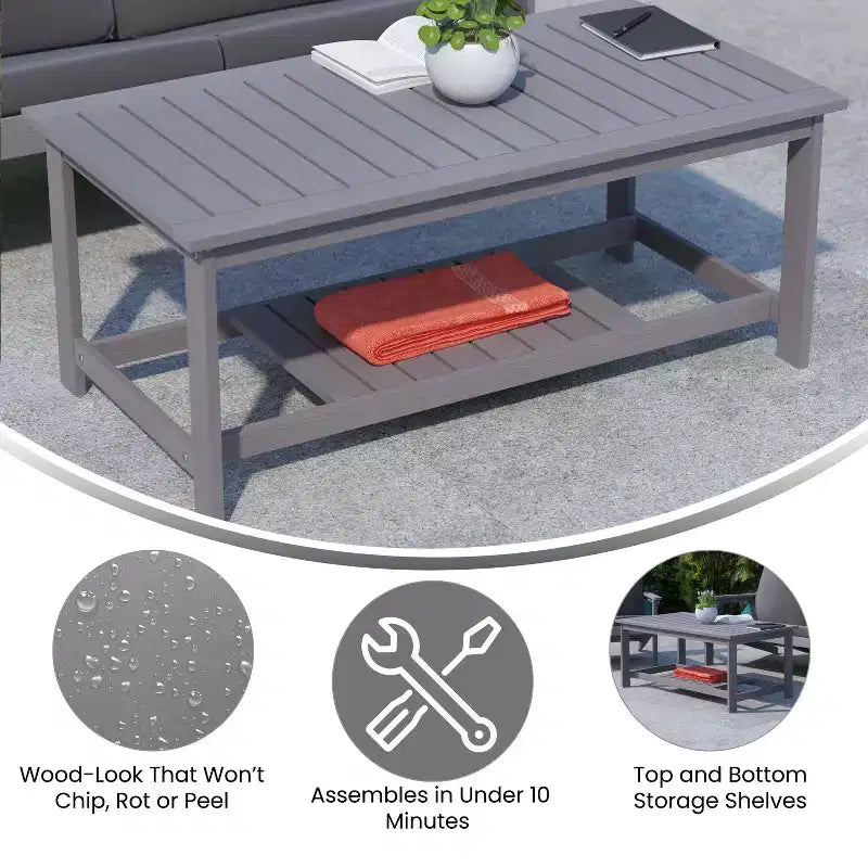 Merrick Lane All-Weather Poly Resin Wood Two Tiered Adirondack Slatted Coffee Conversation Table