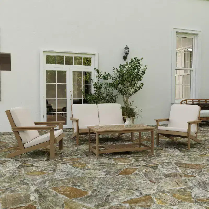 Merrick Lane All-Weather Poly Resin Wood Two Tiered Adirondack Slatted Coffee Conversation Table