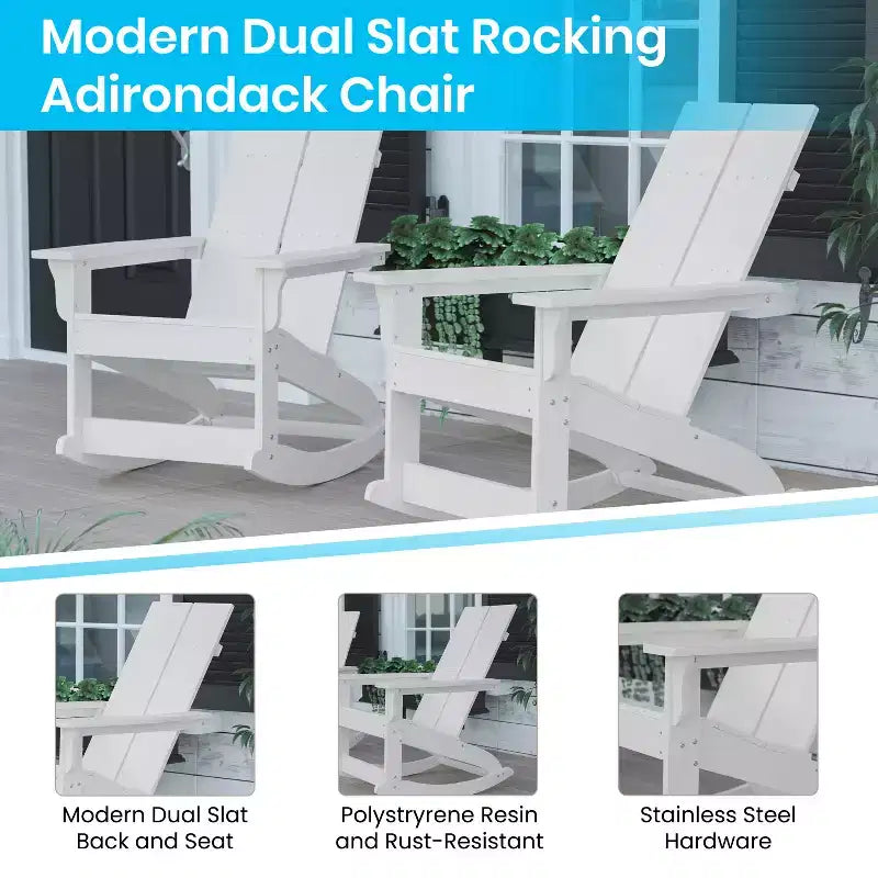 Merrick Lane Wellington 3 Piece Patio Furniture Set Includes All-Weather UV Treated Adirondack Rocking Chairs and Side Table