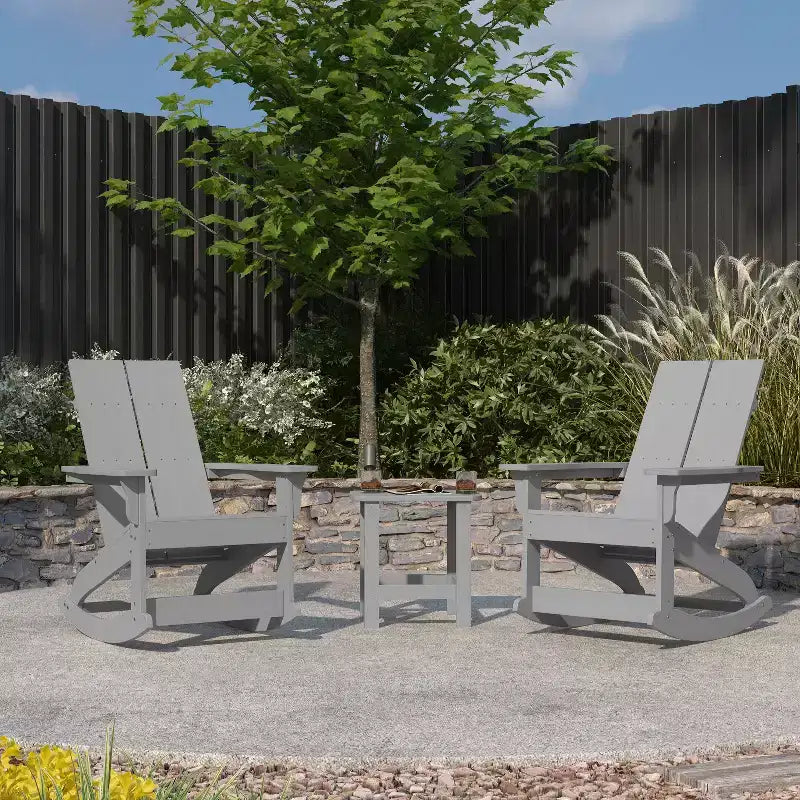 Merrick Lane Wellington 3 Piece Patio Furniture Set Includes All-Weather UV Treated Adirondack Rocking Chairs and Side Table