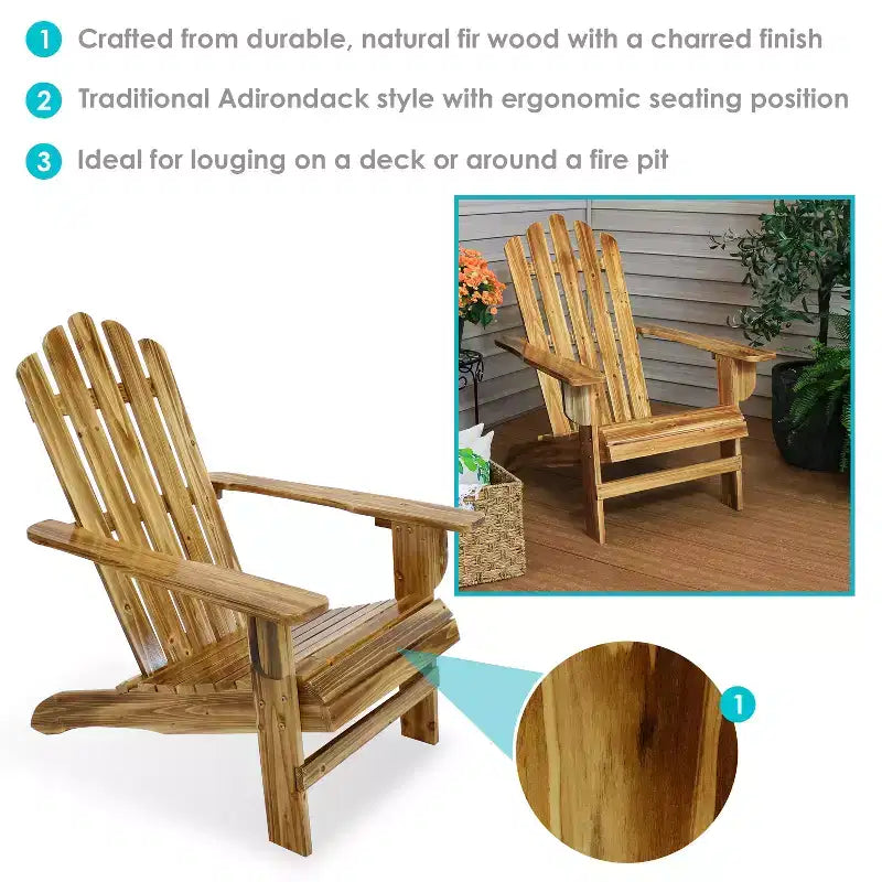 Chaise Adirondack rustique d'extérieur Sunnydaze en bois de sapin naturel pour patio et jardin - Finition légèrement brûlée