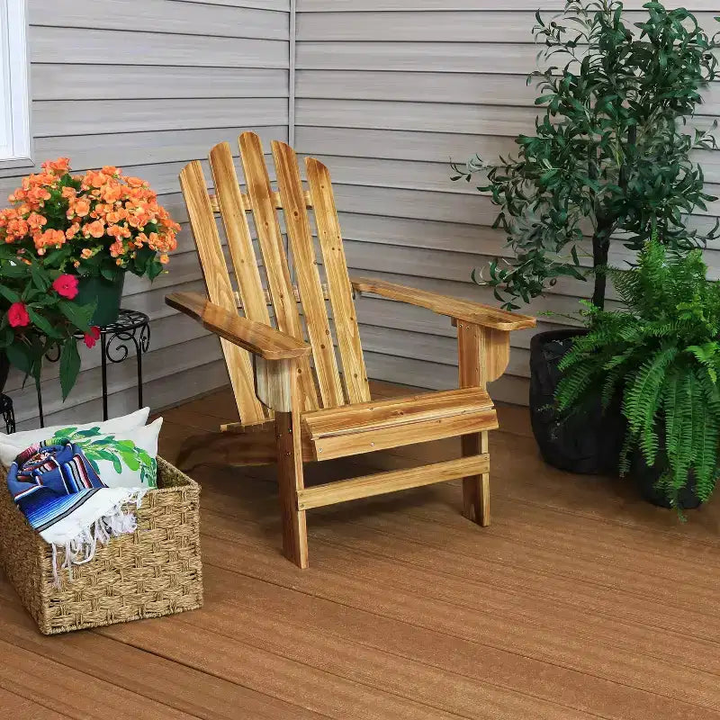 Chaise Adirondack rustique d'extérieur Sunnydaze en bois de sapin naturel pour patio et jardin - Finition légèrement brûlée