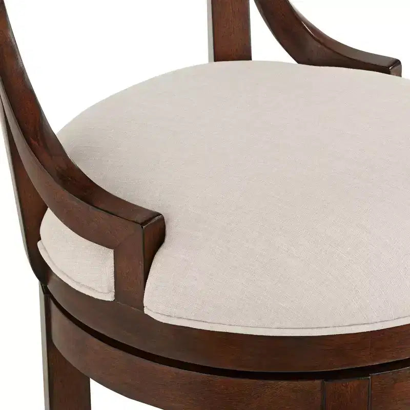 Sgabello rotondo da bancone in legno di noce con seduta in lino