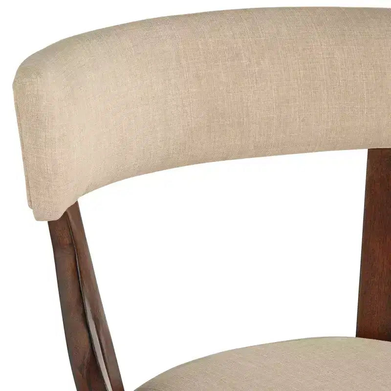 Sgabello rotondo da bancone in legno di noce con seduta in lino