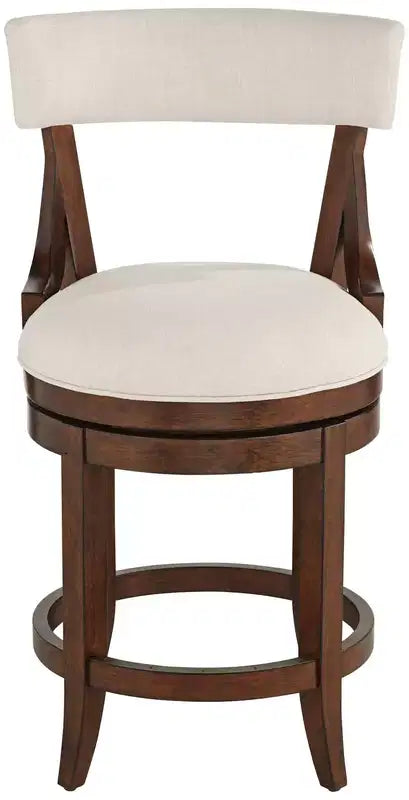 Sgabello rotondo da bancone in legno di noce con seduta in lino
