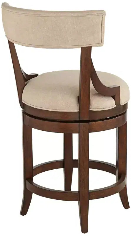 Sgabello rotondo da bancone in legno di noce con seduta in lino