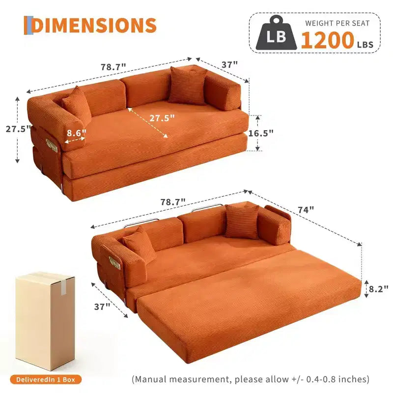 Sleeper Sofa Bed, 78.8 5-in-1 Folding Mattress Couch/Loveseat, Fixed-Shape Steel Frame, Corduroy with Pillows