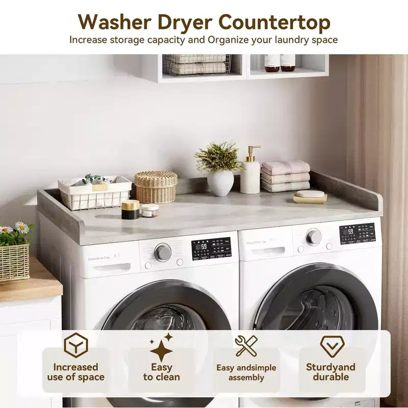 Washer Dryer Countertop, Laundry Topper with Raised Edge & Non-Slip Pad for Hamper Counter Storage & Laundry Room Organization