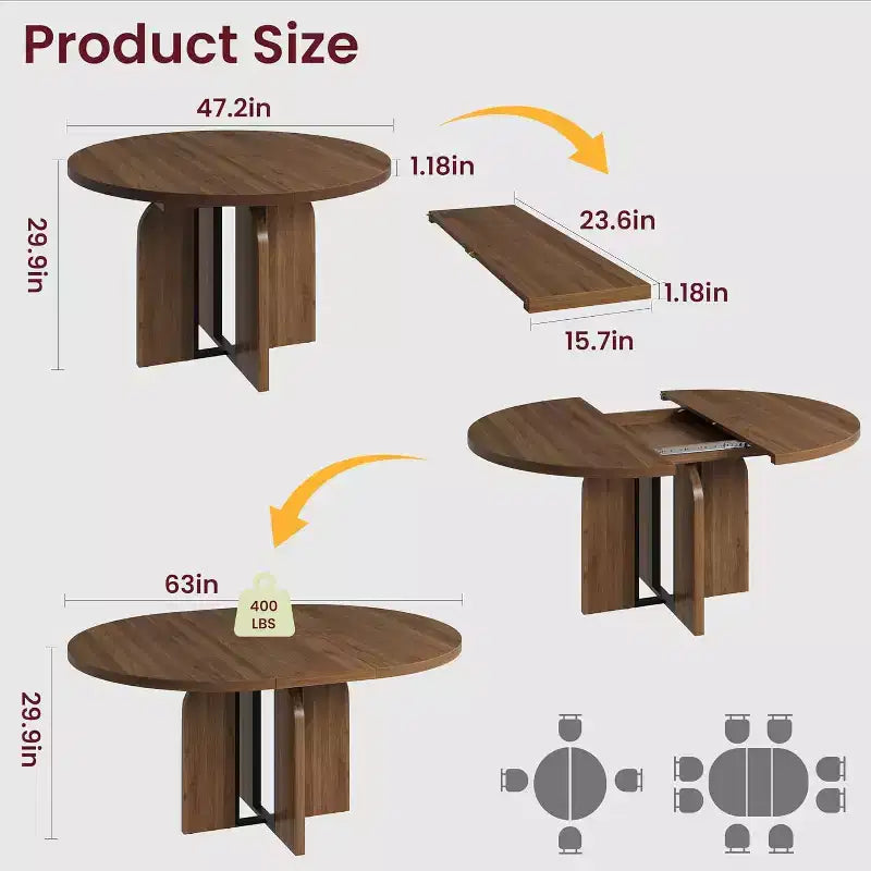 47-63 Extendable Round Dining Table for 4-8, Farmhouse Wood Expandable Kitchen Table with Metal Frame, Oval Space Saving for Apartment, Retro Gray