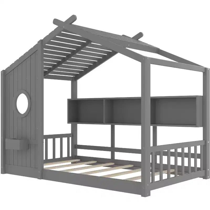 Floor House Bed with Built-In Storage Shelves & Slatted Roof