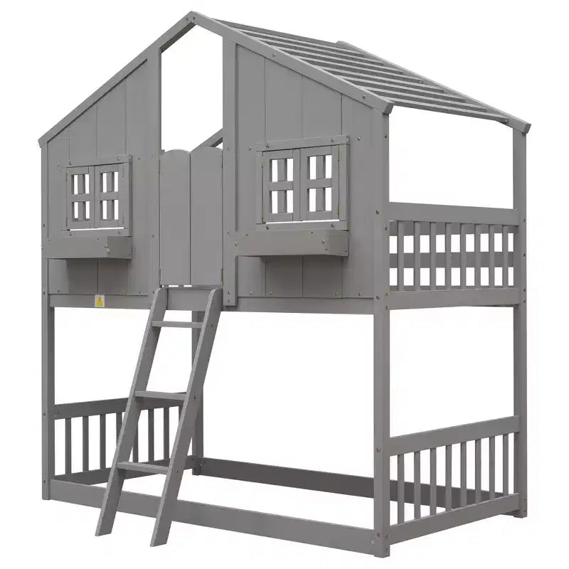 Twin Size House-Shaped Loft Bed, Wood Playhouse Loft Bed with Ladder & Guardrails for Kids