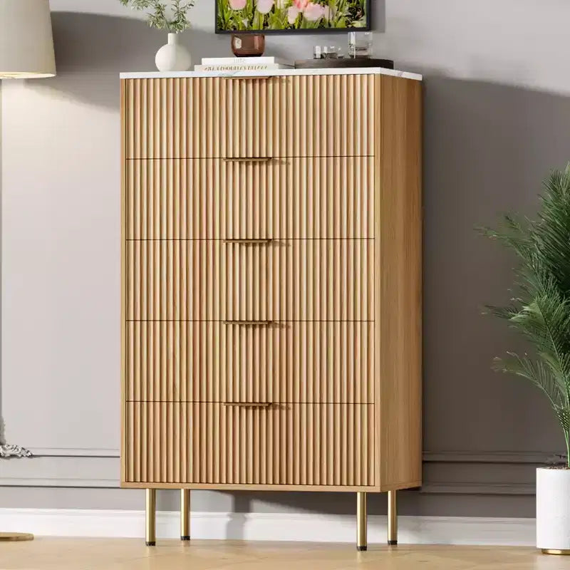 Commode à 5 tiroirs blanche / marbre et bois – Panneau cannelé, pour 1 personne