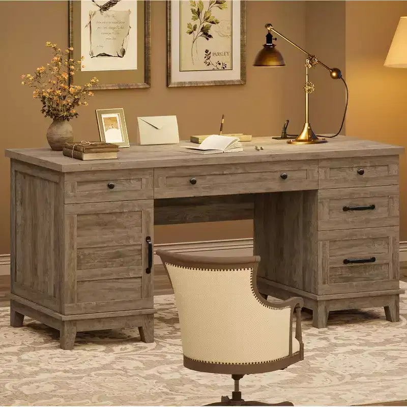 60 Executive Desk with Drawers, Home Office Desk with Charging Station, Wooden Computer Writing Desk for Study, Conference Table for Living Room