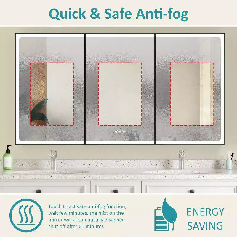 Armoire de toilette avec miroir LED, montage en saillie ou encastré, lumière dimmable, anti-buée, étagères réglables