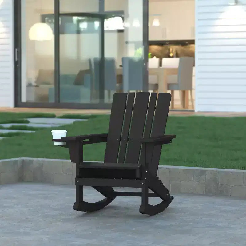 Emma and Oliver Set of 2 Adirondack Rocking Chairs with Cup Holders, Weather Resistant HDPE Adirondack Rocking Chairs