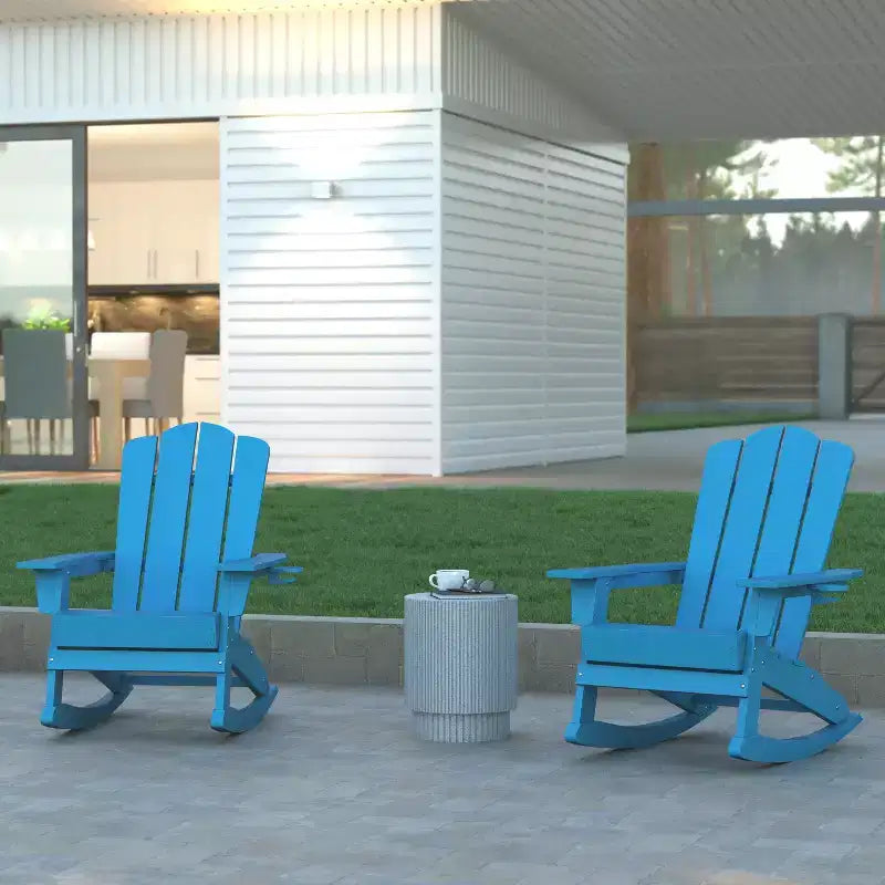 Emma and Oliver Set of 2 Adirondack Rocking Chairs with Cup Holders, Weather Resistant HDPE Adirondack Rocking Chairs