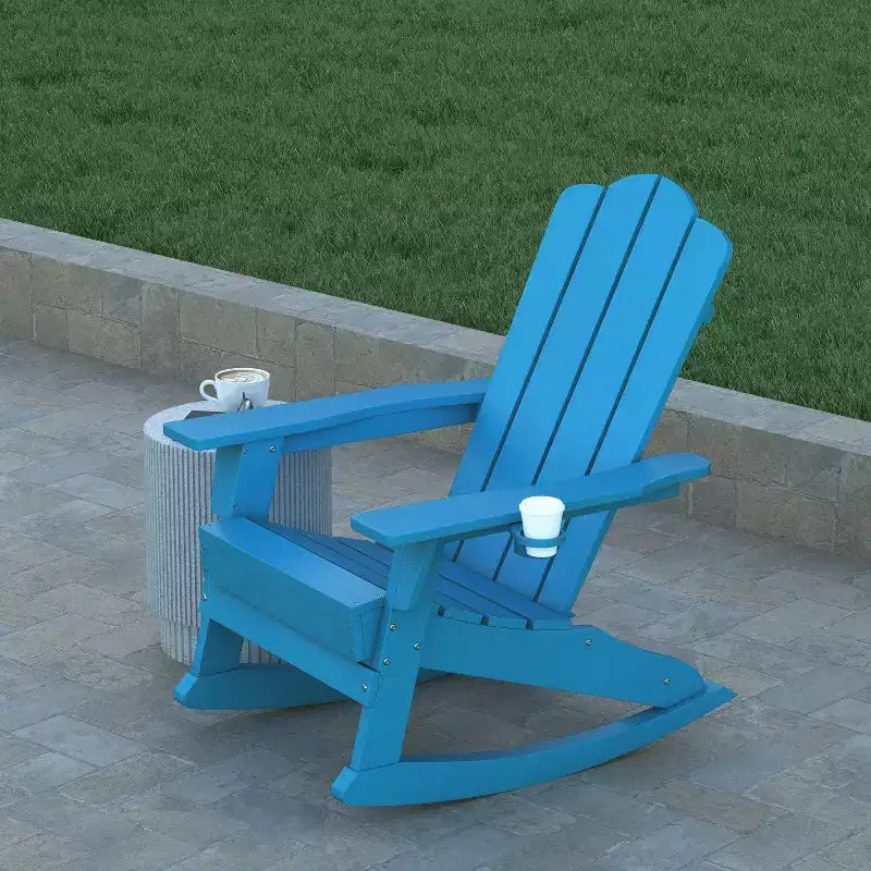 Emma and Oliver Set of 2 Adirondack Rocking Chairs with Cup Holders, Weather Resistant HDPE Adirondack Rocking Chairs
