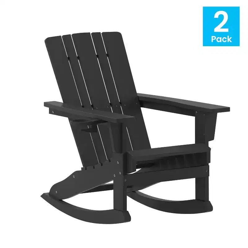 Emma and Oliver Set of 2 Adirondack Rocking Chairs with Cup Holders, Weather Resistant HDPE Adirondack Rocking Chairs