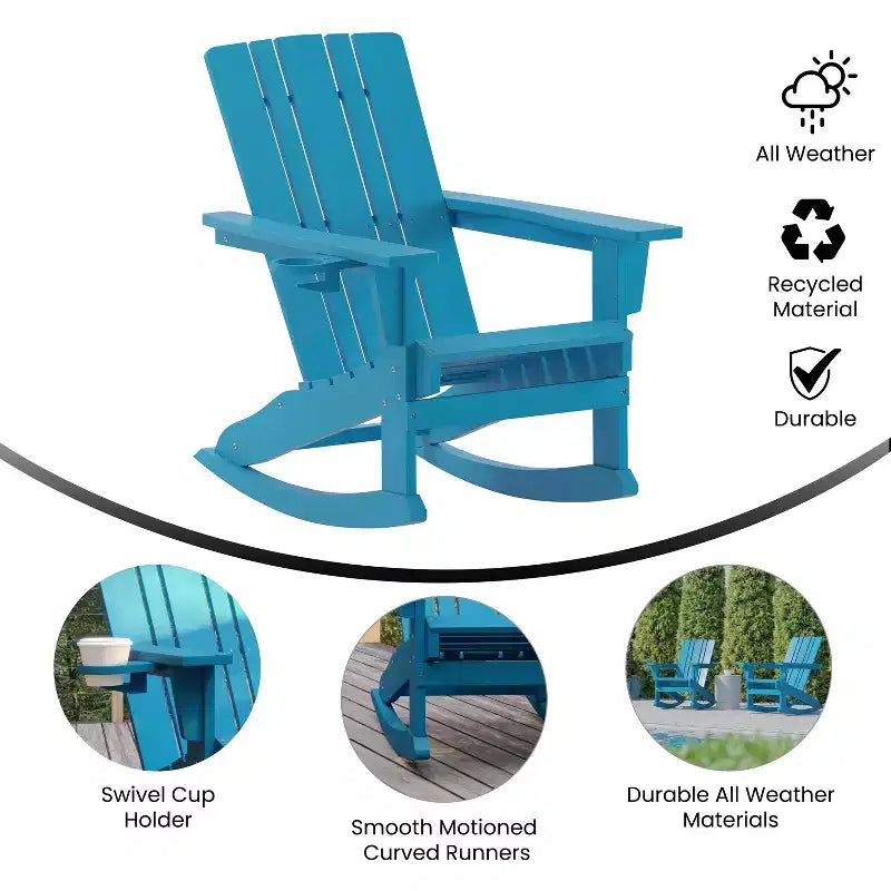 Emma and Oliver Set of 2 Adirondack Rocking Chairs with Cup Holders, Weather Resistant HDPE Adirondack Rocking Chairs