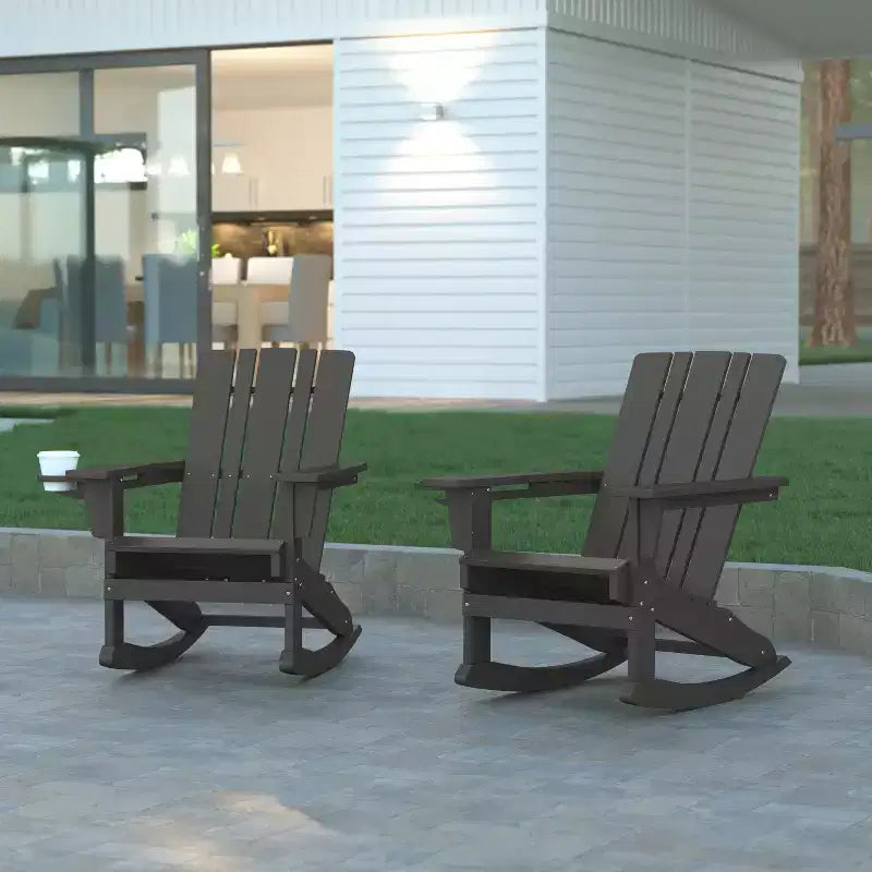 Emma and Oliver Set of 2 Adirondack Rocking Chairs with Cup Holders, Weather Resistant HDPE Adirondack Rocking Chairs