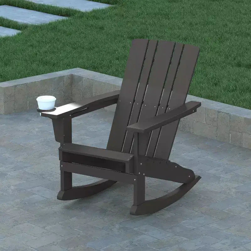Emma and Oliver Set of 2 Adirondack Rocking Chairs with Cup Holders, Weather Resistant HDPE Adirondack Rocking Chairs