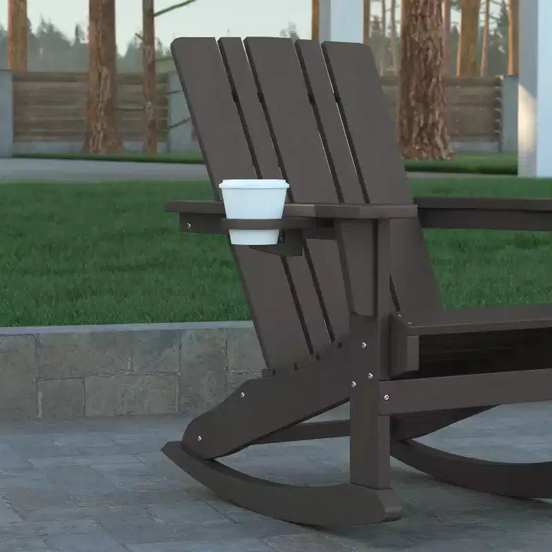 Emma and Oliver Set of 2 Adirondack Rocking Chairs with Cup Holders, Weather Resistant HDPE Adirondack Rocking Chairs
