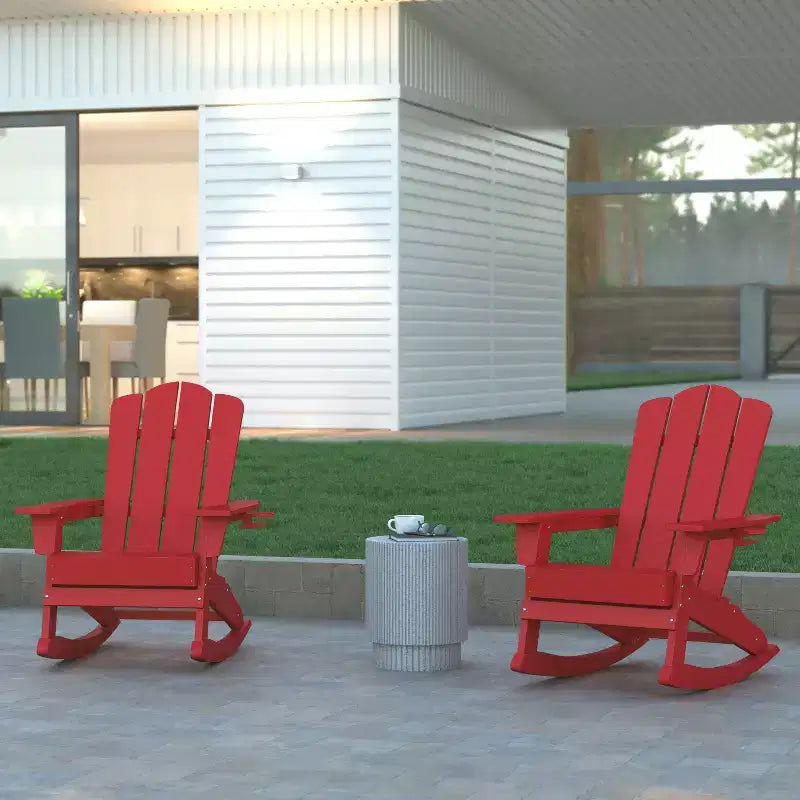 Emma and Oliver Set of 2 Adirondack Rocking Chairs with Cup Holders, Weather Resistant HDPE Adirondack Rocking Chairs