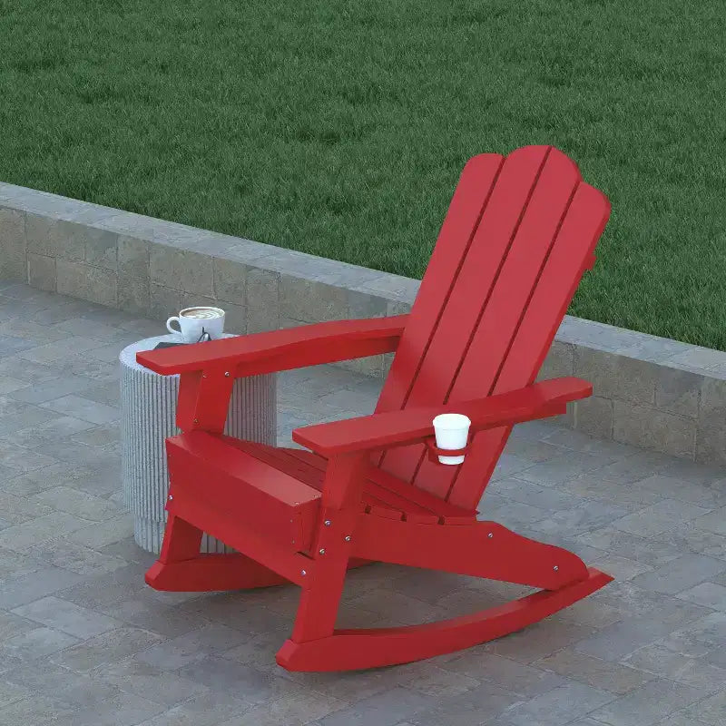 Emma and Oliver Set of 2 Adirondack Rocking Chairs with Cup Holders, Weather Resistant HDPE Adirondack Rocking Chairs