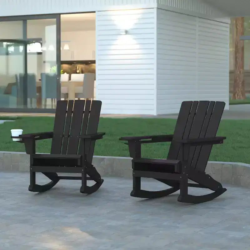 Emma and Oliver Set of 2 Adirondack Rocking Chairs with Cup Holders, Weather Resistant HDPE Adirondack Rocking Chairs