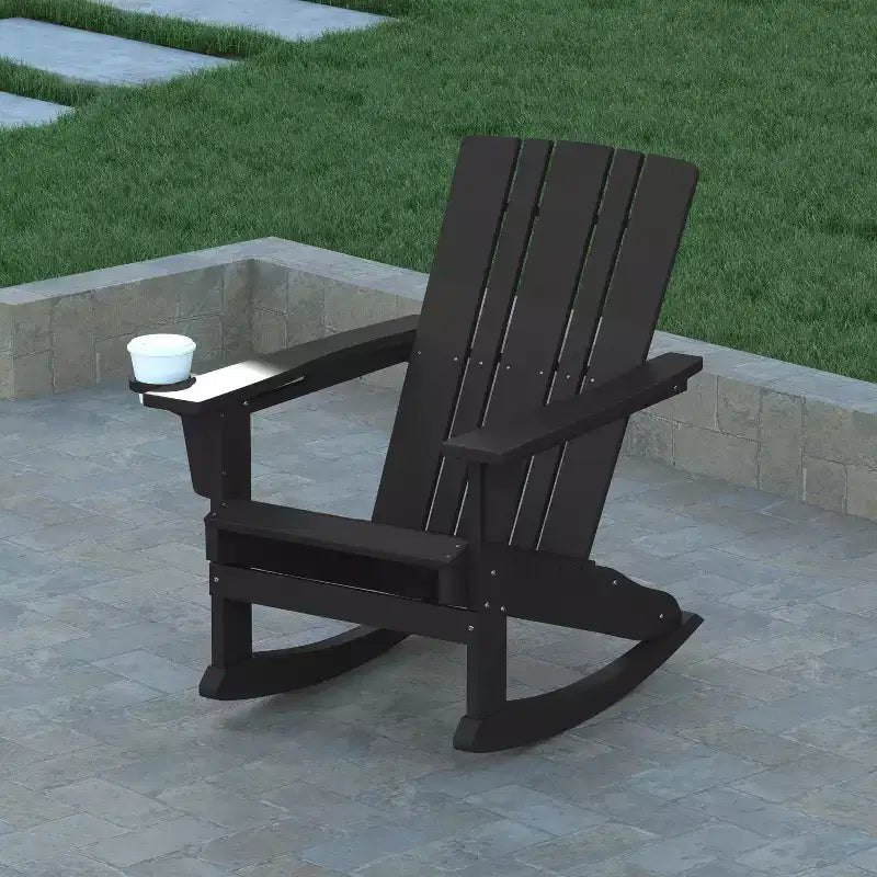 Emma and Oliver Set of 2 Adirondack Rocking Chairs with Cup Holders, Weather Resistant HDPE Adirondack Rocking Chairs