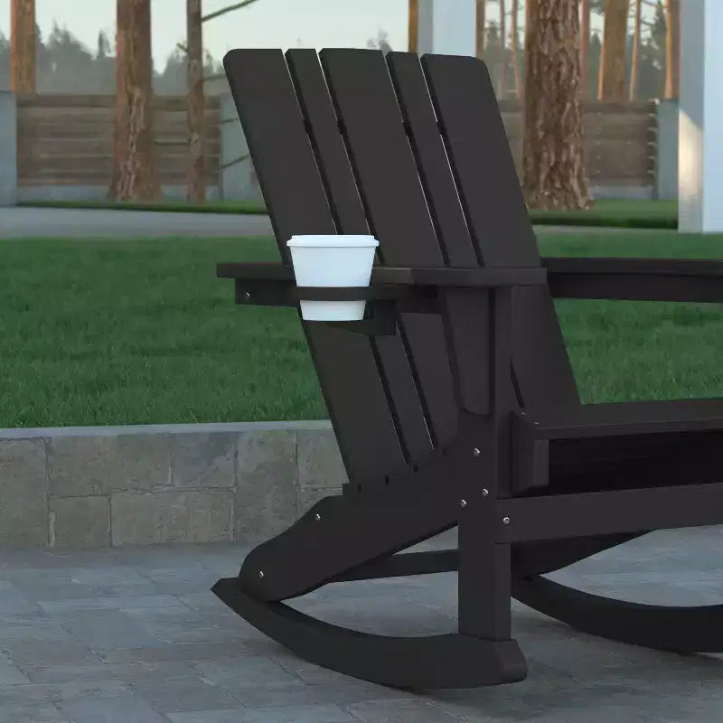 Emma and Oliver Set of 2 Adirondack Rocking Chairs with Cup Holders, Weather Resistant HDPE Adirondack Rocking Chairs