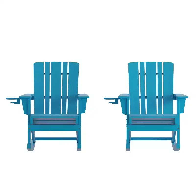 Emma and Oliver Set of 2 Adirondack Rocking Chairs with Cup Holders, Weather Resistant HDPE Adirondack Rocking Chairs