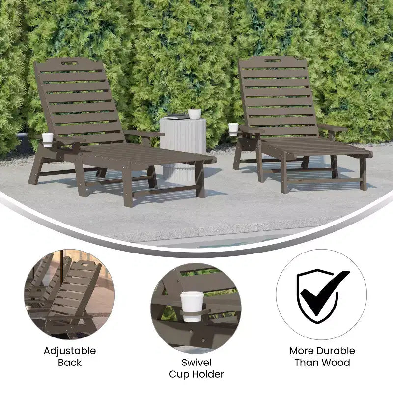 Merrick Lane Gaylord Set of 2 Adjustable Adirondack Loungers with Cup Holders- All-Weather Indoor/Outdoor HDPE Lounge Chairs
