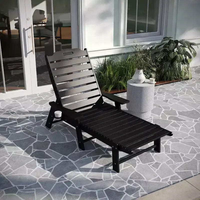 Merrick Lane Gaylord Adjustable Adirondack Lounger with Cup Holder- All-Weather Indoor/Outdoor HDPE Lounge Chair in Black